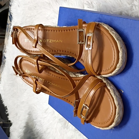 New Georgie Stuart Weitzman Tan Brown Wedge Espadrille Sandals SZ 6.5 - Picture 6 of 16